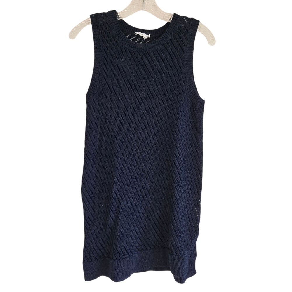Vince Small Sleeveless Cotton Stitched Long Tunic Open Knit Top Coastal Blue